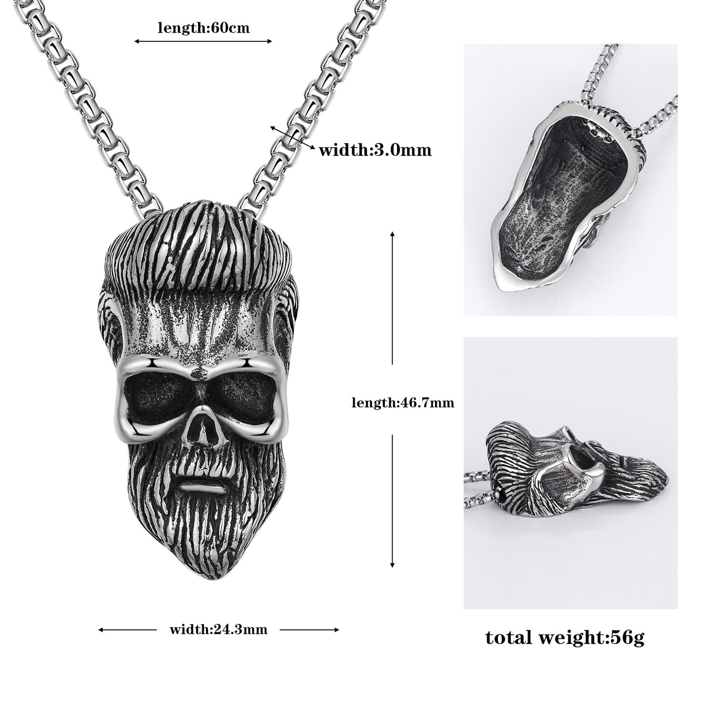 Steel Necklace – Vintage Bearded Skull Pendant for Men