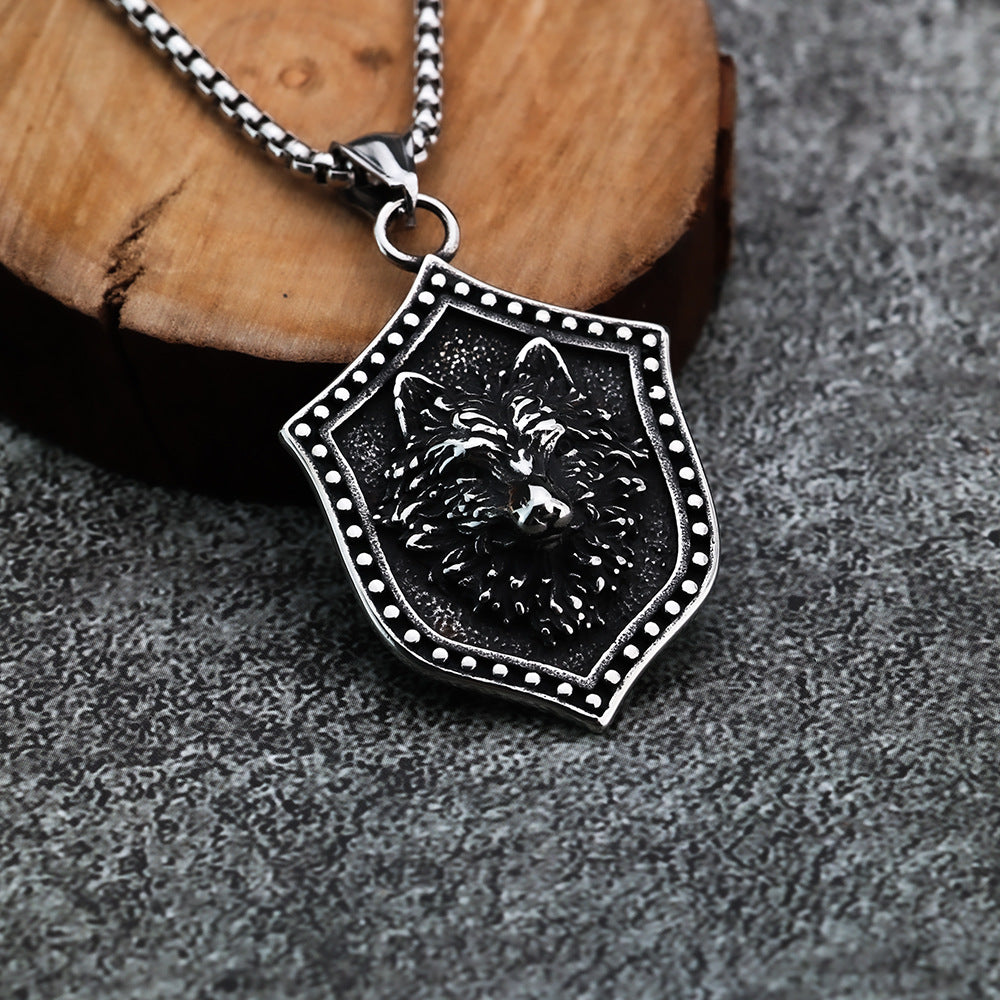 Hanging Shield Design Sense Necklace Men's Hip Hop Titanium Steel Necklace Nightclub Retro Wolf Head Pendant