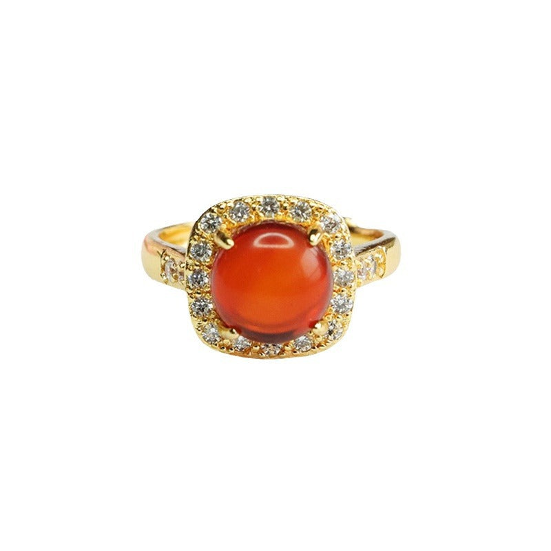 Round Blood Amber Ring with Zircon Halo Jewelry