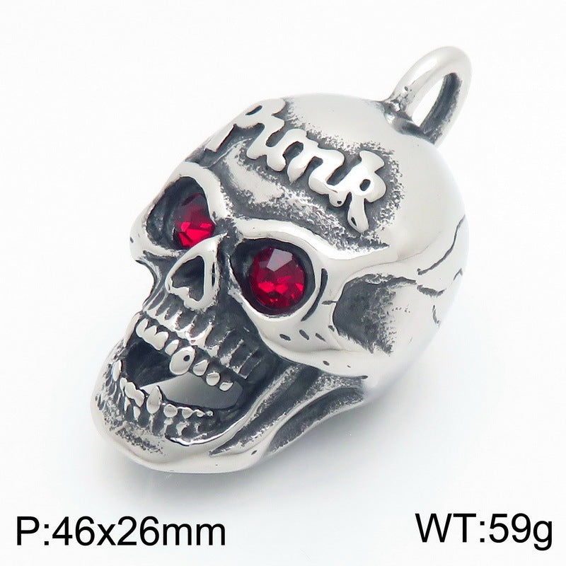 Punk Red Diamond Eye Skull Titanium Steel Pendant Halloween Vampire Head Men's Necklace