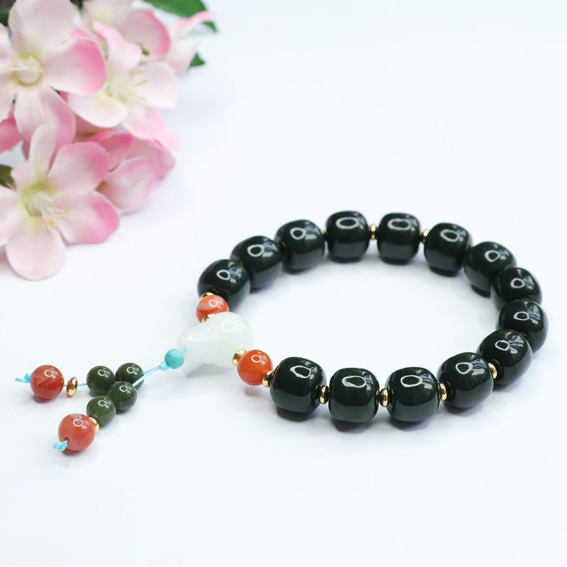 Dark Taqing Hetian Jade & White Agate Bracelet