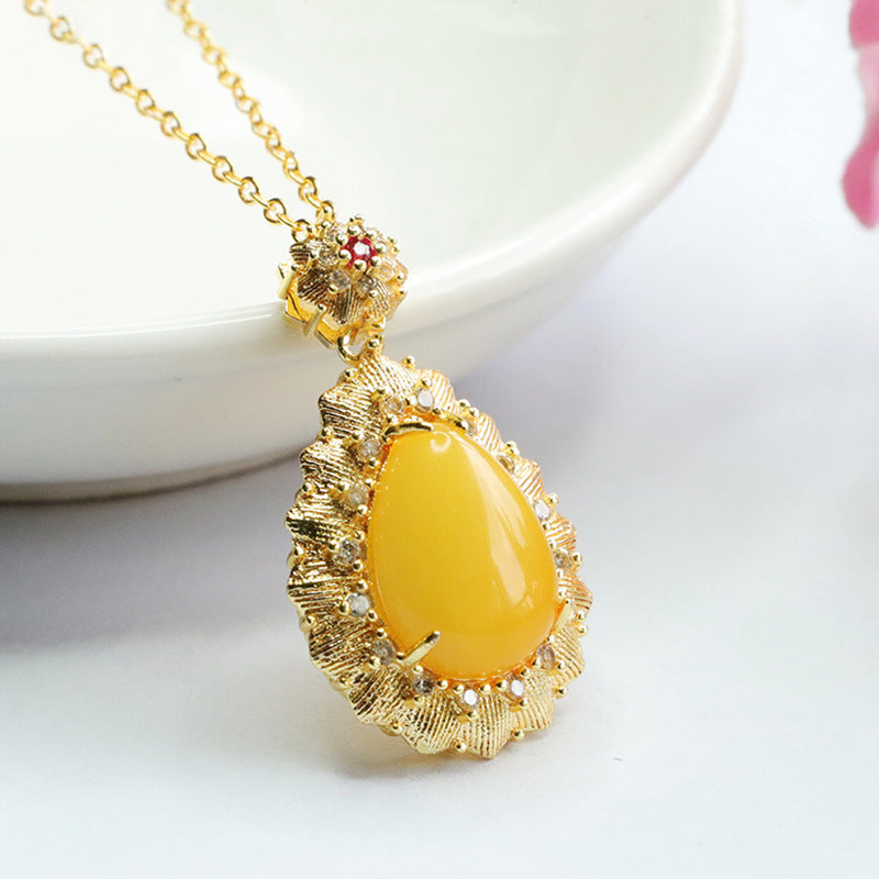 Amber Flower Necklace with Zircon Accents