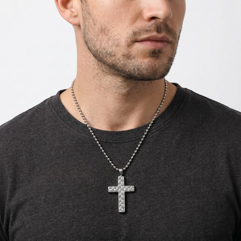 Hip Hop Stainless Steel Round Bead Chain Necklace Simple Twist Cross Pendant Square