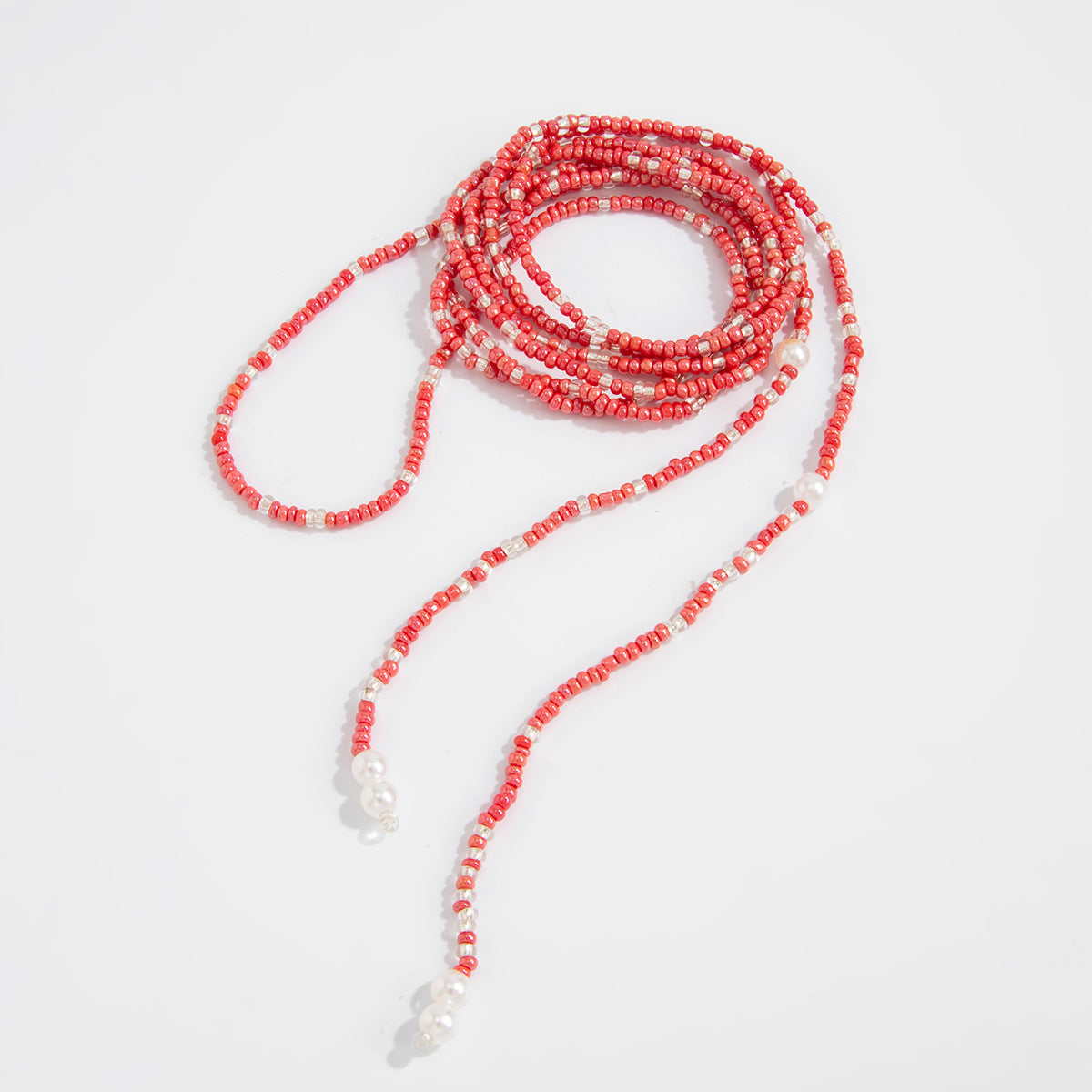Long Winding Y-Shaped Fringed Pearl Necklace Holiday Style Red Rice Beads Beaded