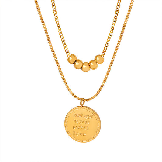 Golden French Letter Pendant Necklace with Double Circle Beaded Design