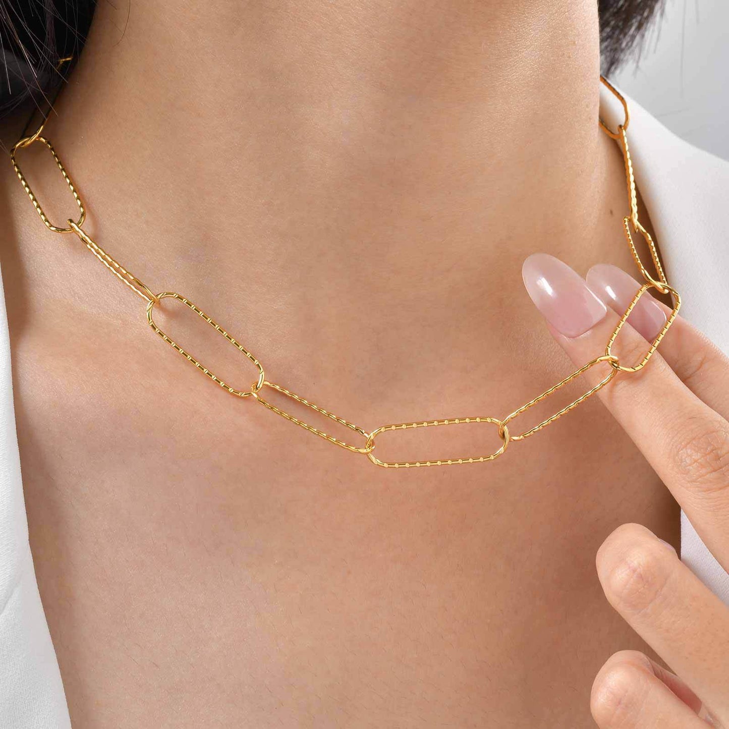 Stainless Steel Embossed Flat Rectangular Chain Necklace Bracelet Gold – A Must