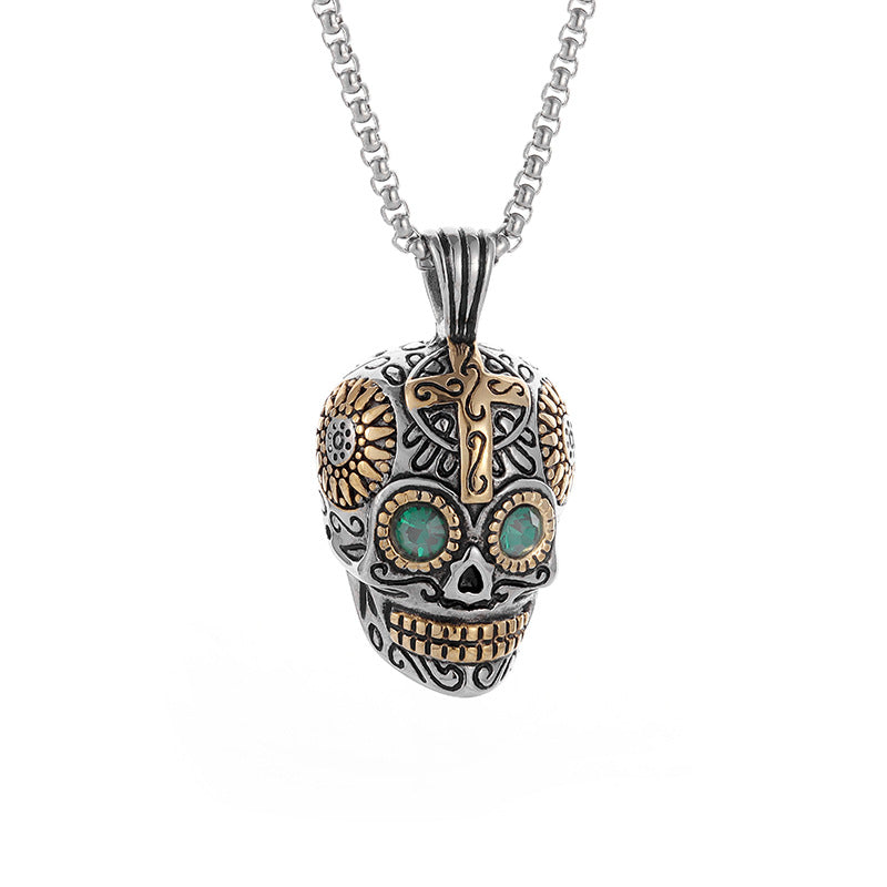 Planderful Skull Pendant Necklace Stainless Steel Gold Plated Blue Green Eyes Punk Jewelry For Boho Rockers