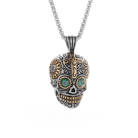 Planderful Skull Pendant Necklace Stainless Steel Gold Plated Blue Green Eyes Punk Jewelry For Boho Rockers