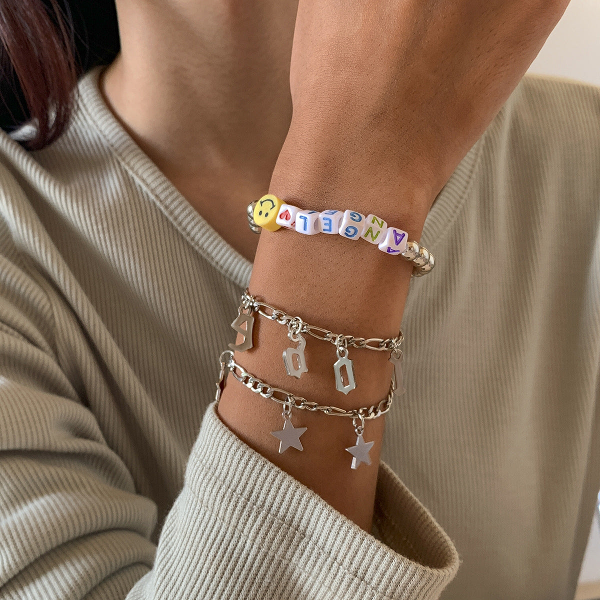 Planderful Vienna Verve Stackable Bracelets Set for Women with Fringed Smiley and Star Beads