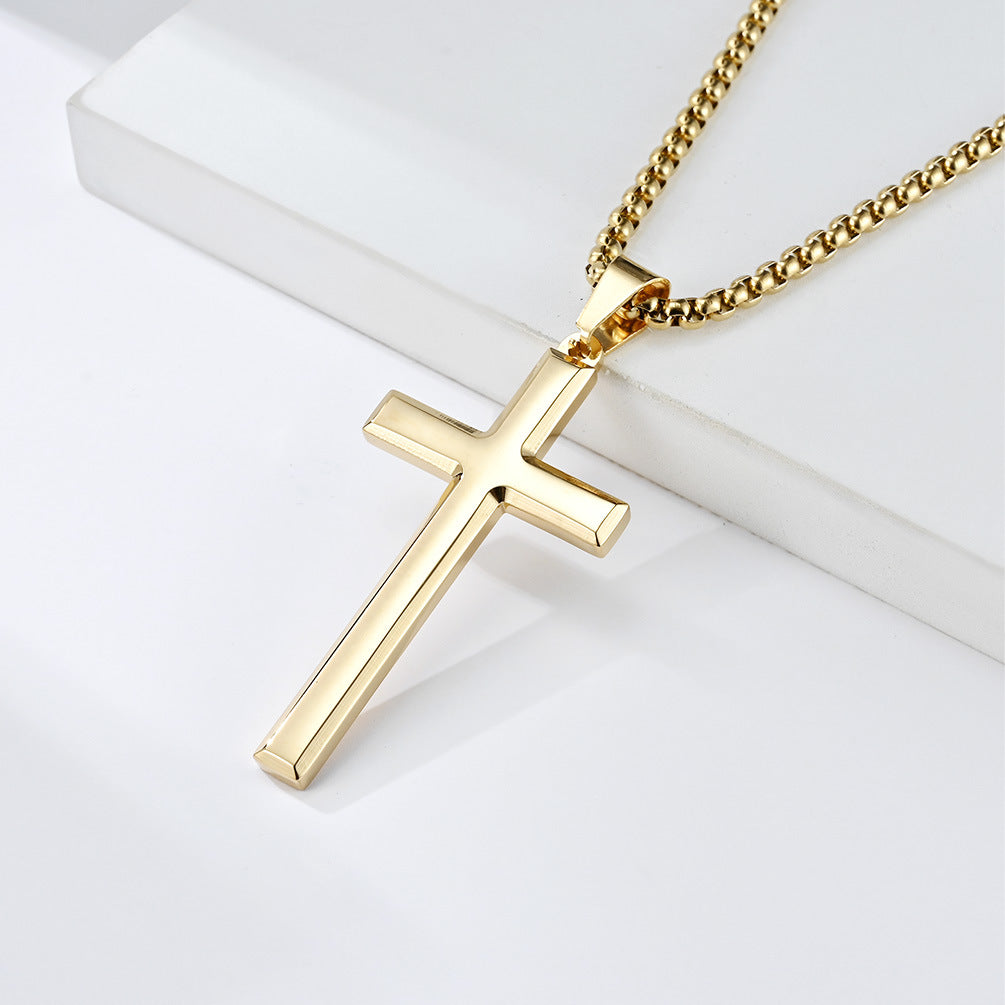 Simple Beveled Stainless Steel Cross Pendant Necklace for Men
