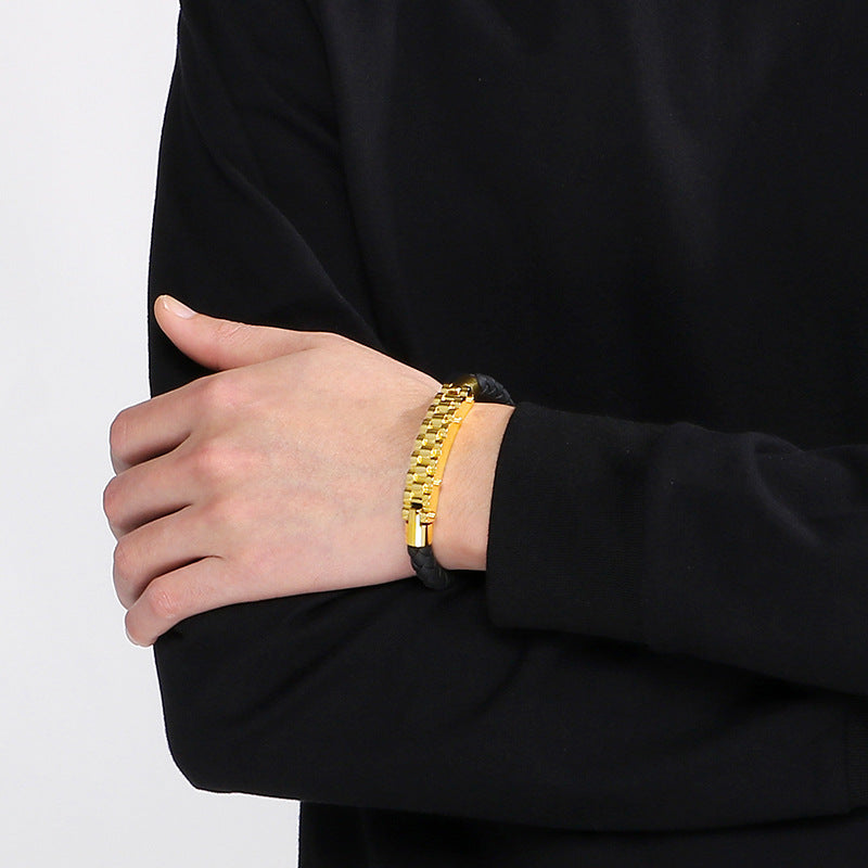Business Style Strap Chain Woven Leather Rope Bracelet – Stainless Steel Bicycle Chain