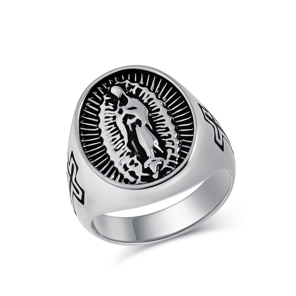 European and American Retro Virgin Mary Titanium Ring for Men and Women