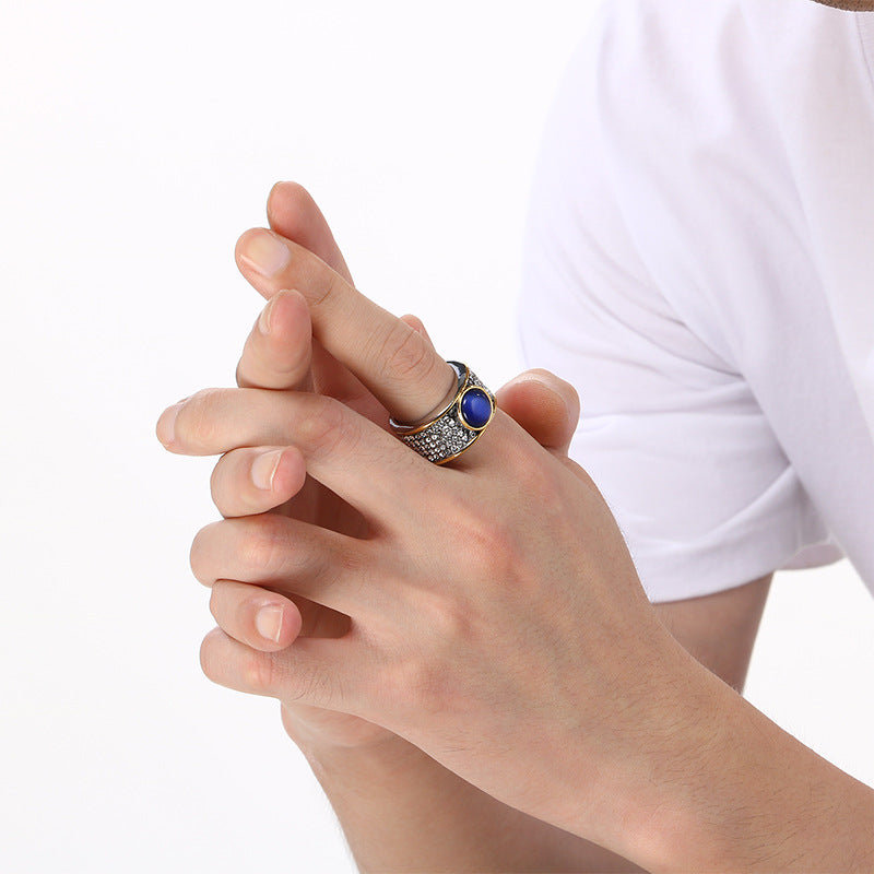 Hophip Full Zircon Jewelry, Vintage French Luxury Zircon Sapphire Titanium Steel Men's Ring
