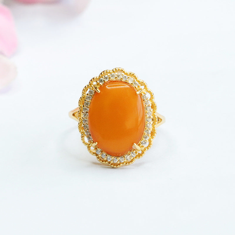 Oval Sterling Silver Ring with Beeswax Amber Zircon Floral Halo