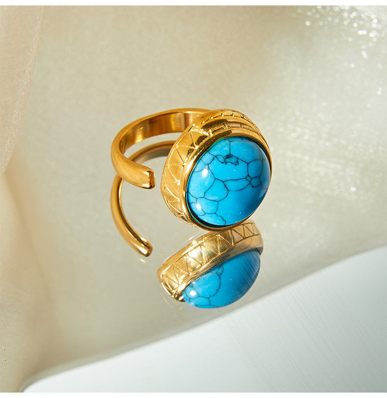 Tiger's Eye Titanium Steel Open Ring with Retro Lace Design
