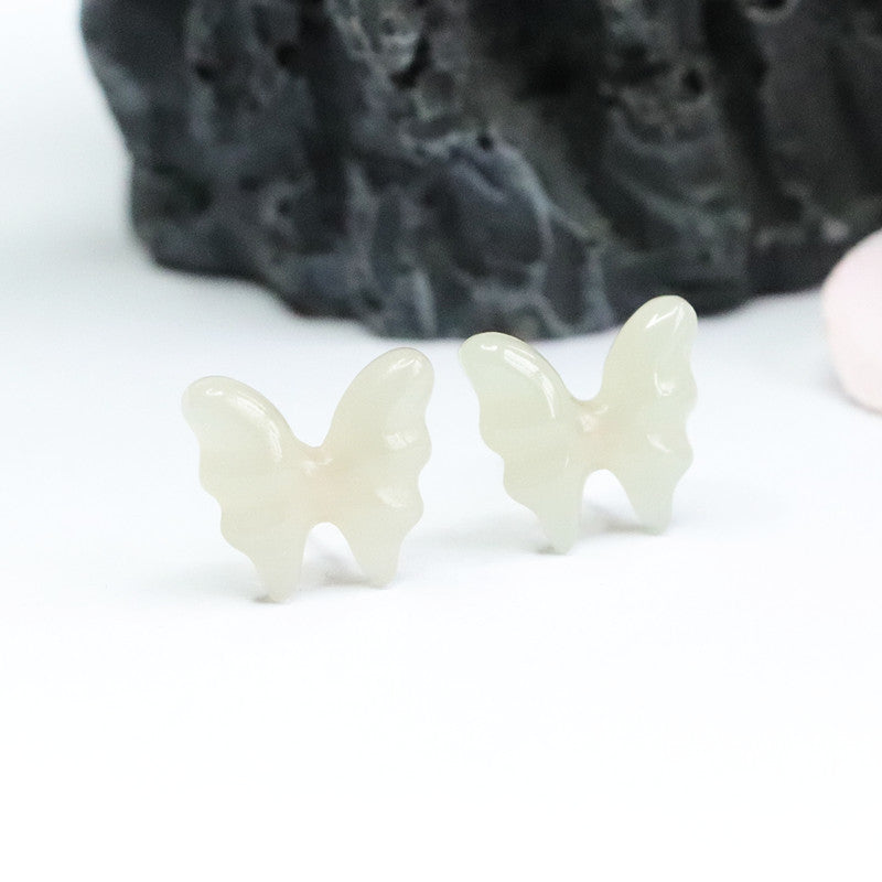 Sterling Silver Butterfly Earrings with Natural Hetian Jade Insets