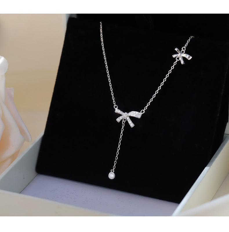 Planderful 925 Sterling Silver Bow Tassel Necklace For Women Niche Design Elegant Luxury
