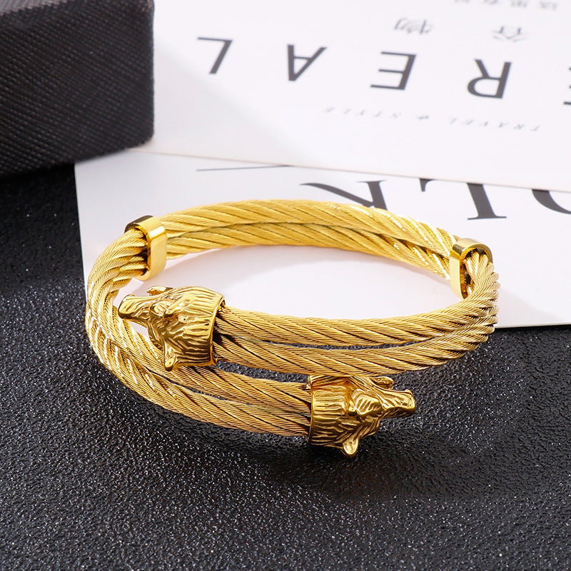 Steel Wire Double Wolf Head Titanium Steel Men's Bracelet