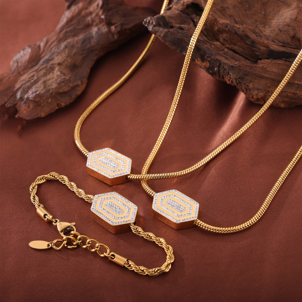 Elegant French Hexagonal Pendant Zircon Jewelry Set with Titanium Steel Finish