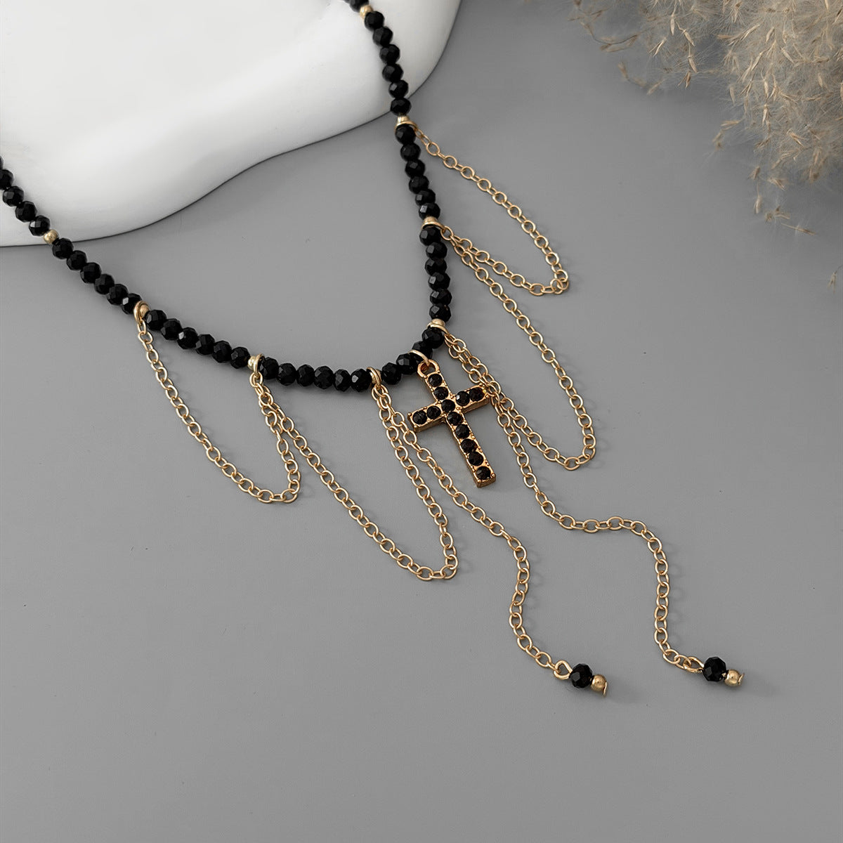 Gothic Beaded Cross Collarbone Necklace