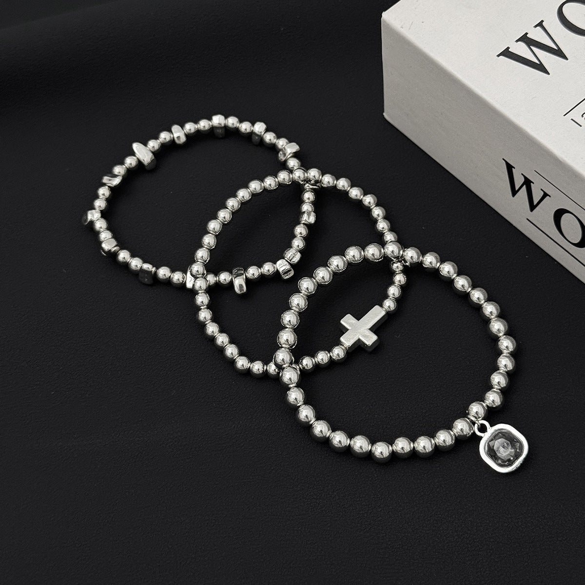 Planderful Vienna Verve Elastic Silver Beaded Bracelet Set With Personalized Gray Stone Pendant Cross For Her