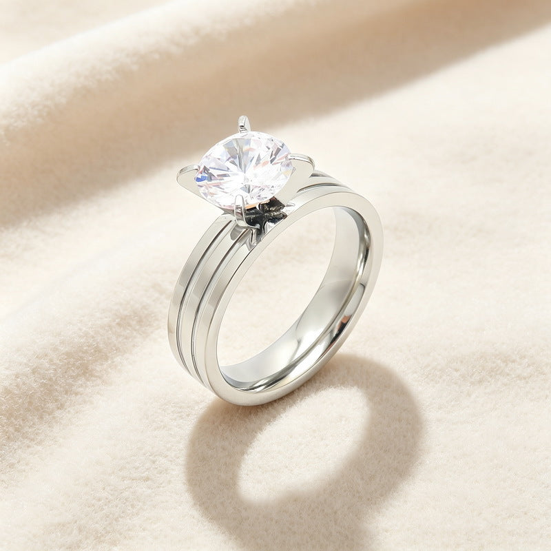Four-Claw Zircon Double-Groove Ring, Fashionable Stainless Steel Couple Marriage Proposal, Women's