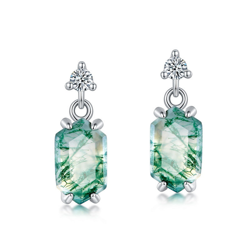 S925 Sterling Silver Moss Agate Minimalist Stud Earrings