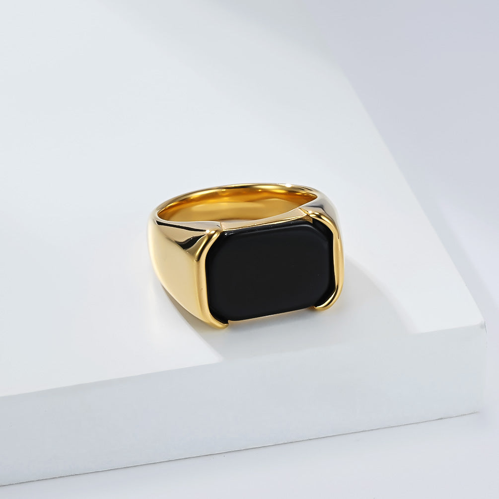 Planderful Glossy Black Gemstone Titanium Steel Ring For Everyday Wear Unisex Bold Minimal Jewelry Sizes 8 To 13