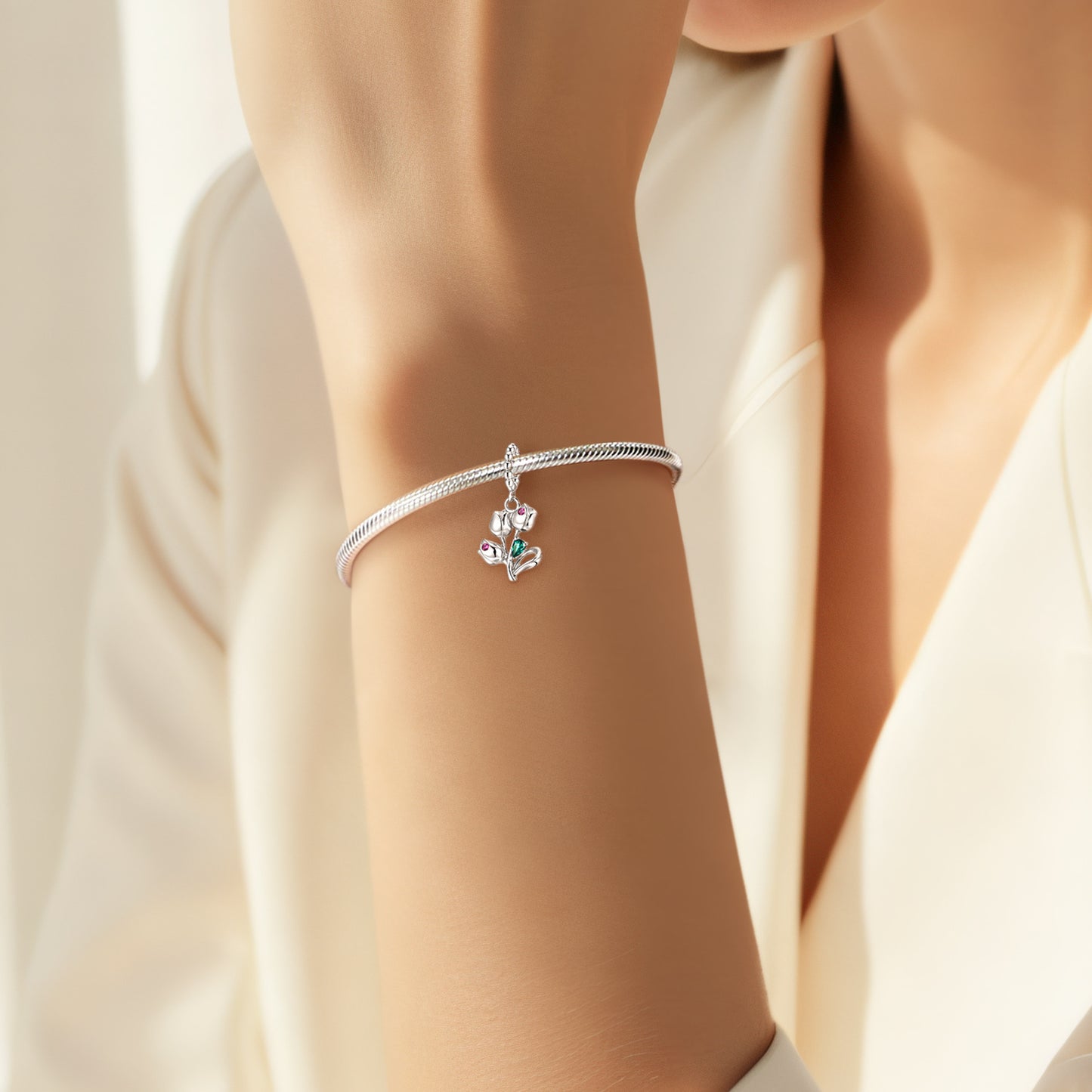 Planderful Jewelry Sterling Silver Tulip Pendant With Zircon Charm Elegant Floral Necklace