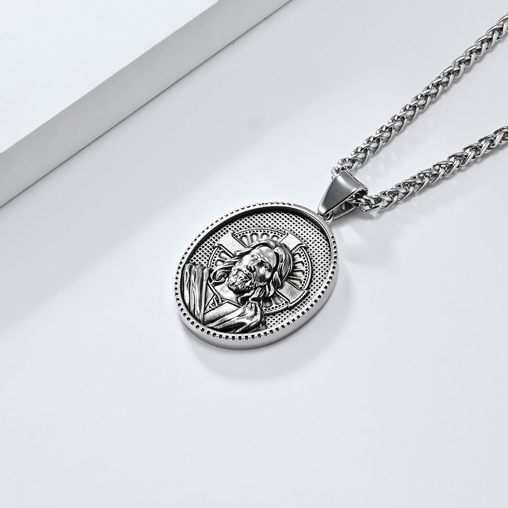 Virgin Mary Titanium Steel Necklace Round Tag Pendant for Men