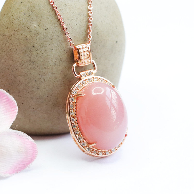 Natural Pink Agate Pigeon Eggs Pendant Necklace with Zircon Halo in S925 Silver
