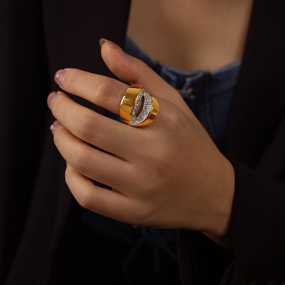 Gold-Plated Titanium Steel Geometric Zircon-Set Open Ring for Women