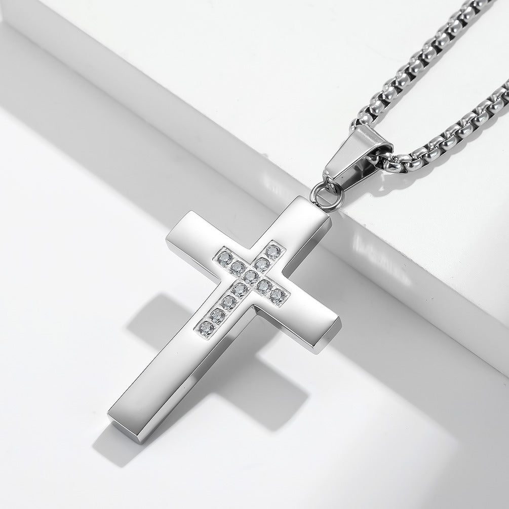 Cross-Border Amazon Titanium Steel Zircon Cross Pendant for Men