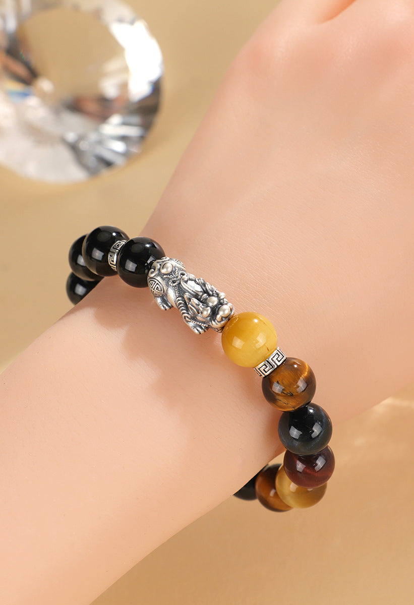 999 Silver Black Agate Pixiu & Tiger Eye Bracelet