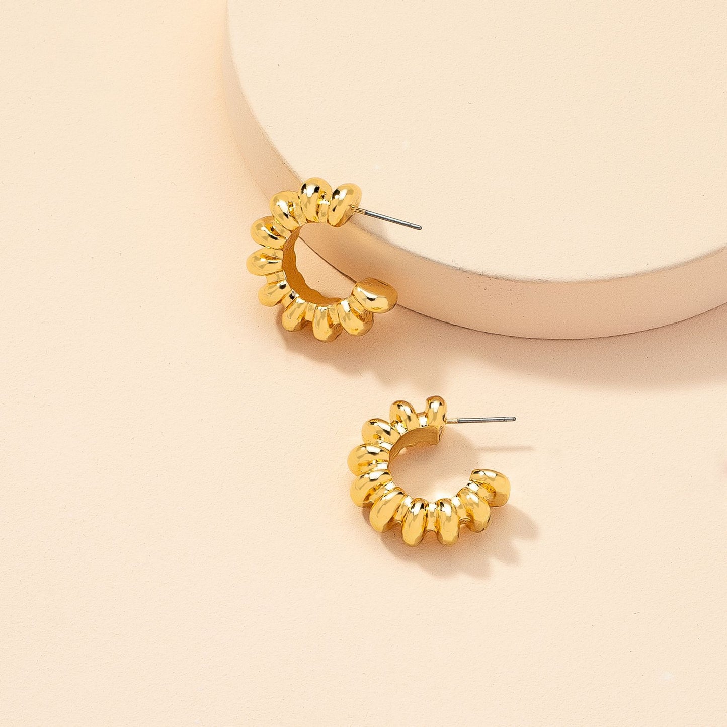 Metallic C-Shaped Light Temptation Earrings - Wholesale Pair with Concave-Convex Texture - Vienna Verve Collection