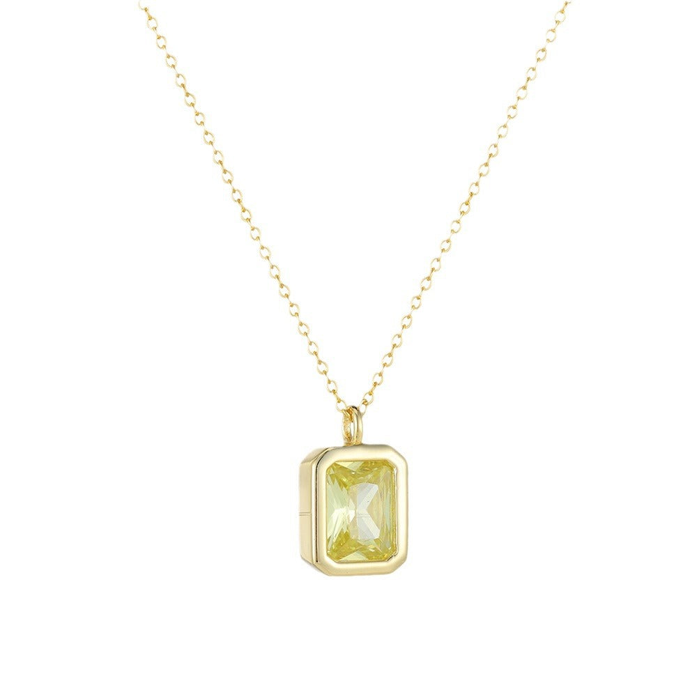 S925 Sterling Silver Square Olive Yellow Zircon Pendant Necklace
