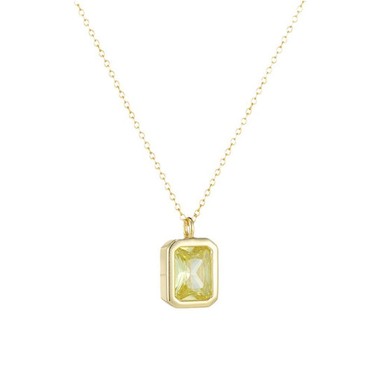 S925 Sterling Silver Square Olive Yellow Zircon Pendant Necklace