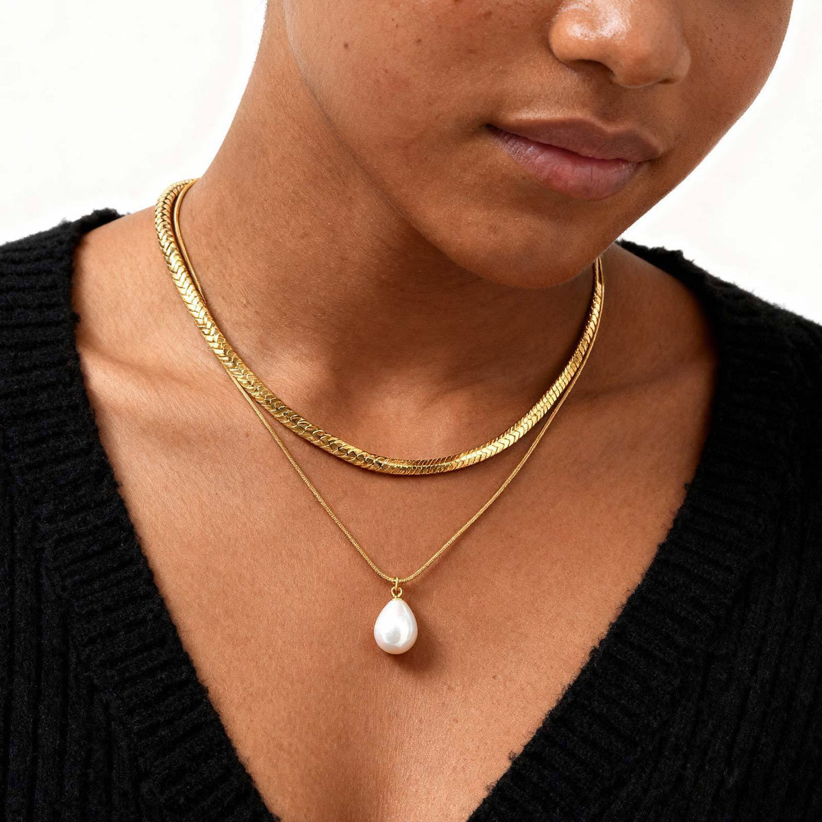 Stainless Steel Flat Cross Chain Pearl Spacer Copper Material Heart Flower Double Necklace