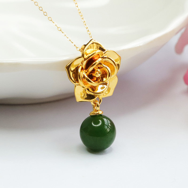 Hetian Jade and Jasper Rose Necklace with Sterling Silver Pendant