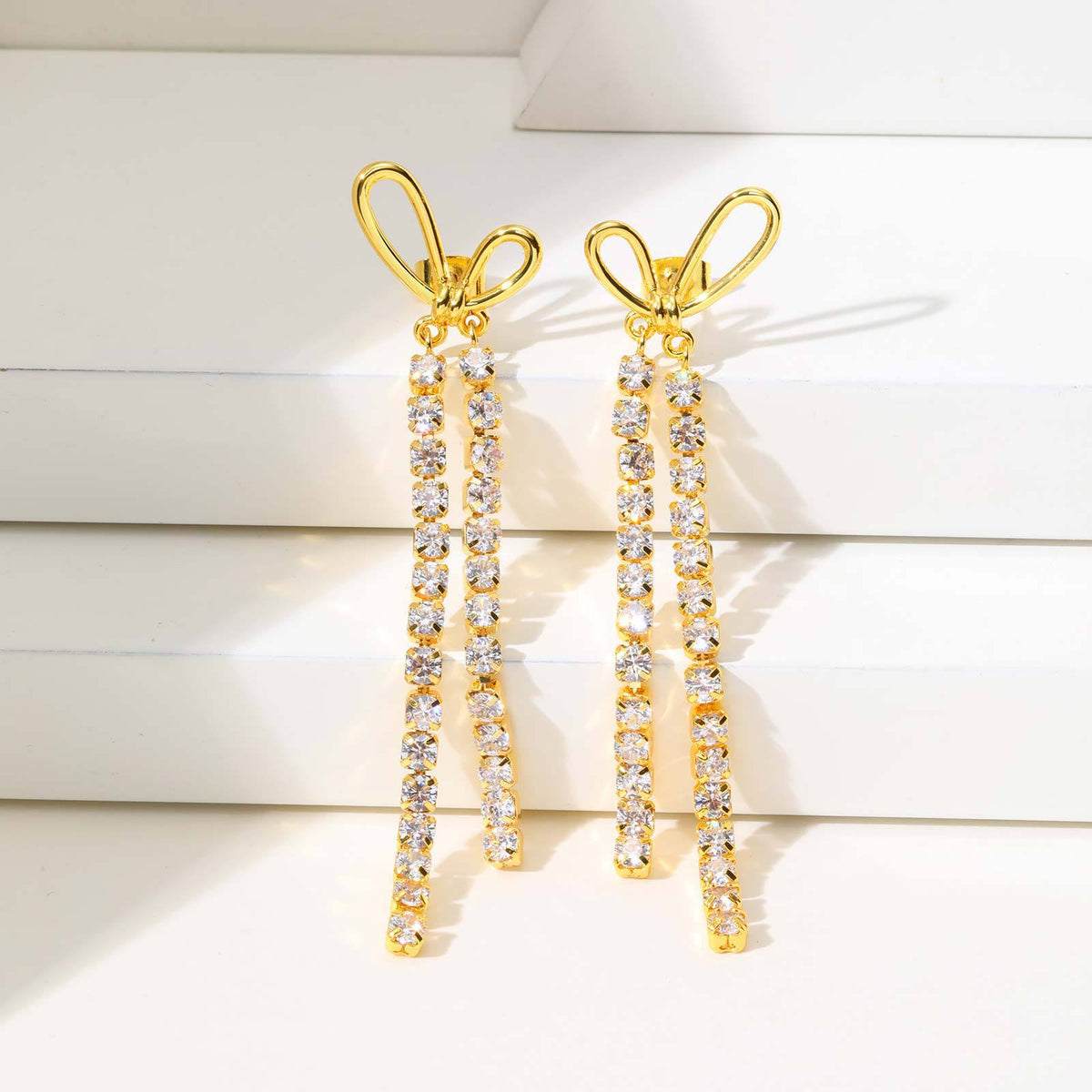 Copper Material Long Love Zircon Bow Fringed Earrings
