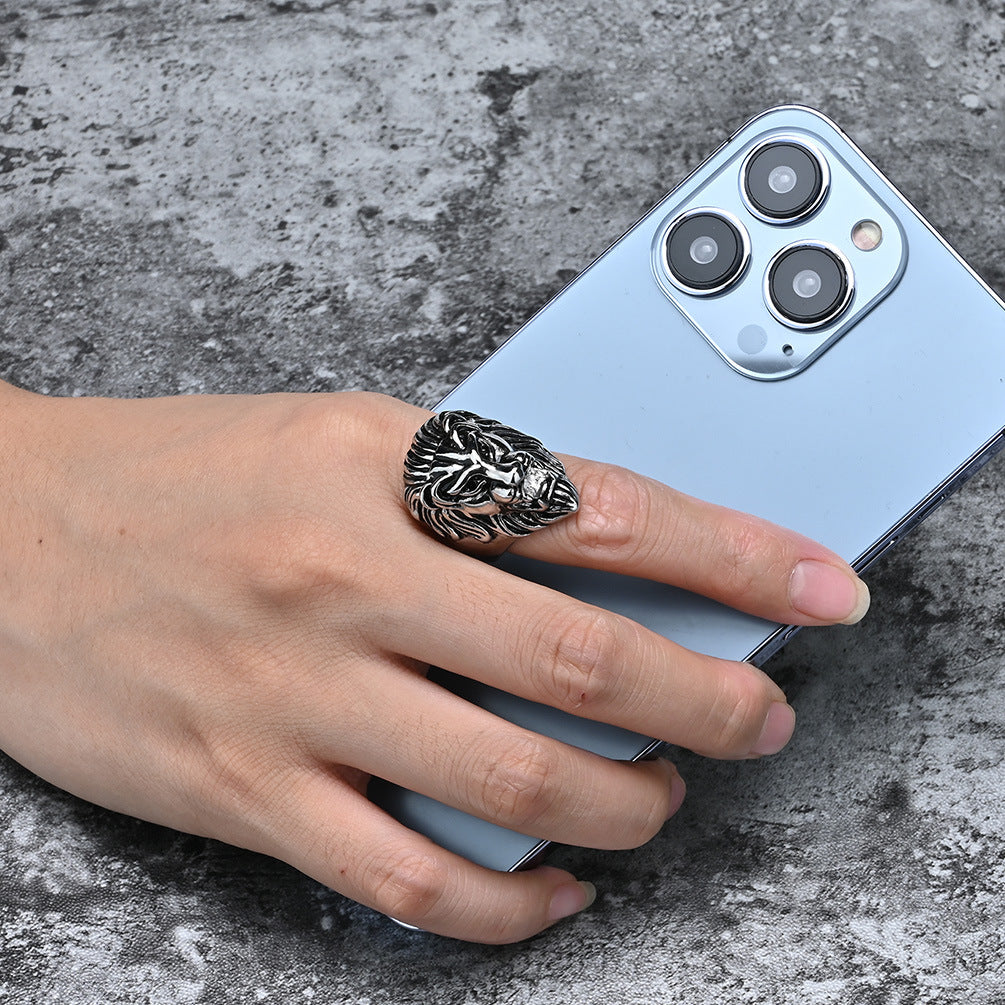 Cross-Border E-Commerce Titanium Steel Lion Head Ring for Men