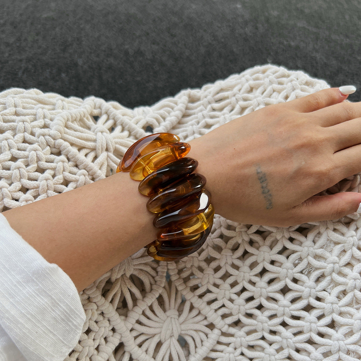 Wide Version Smudged Stone Pattern Semi-Transparent Bracelet Exaggerated Retro Special-Shaped Amber Tire