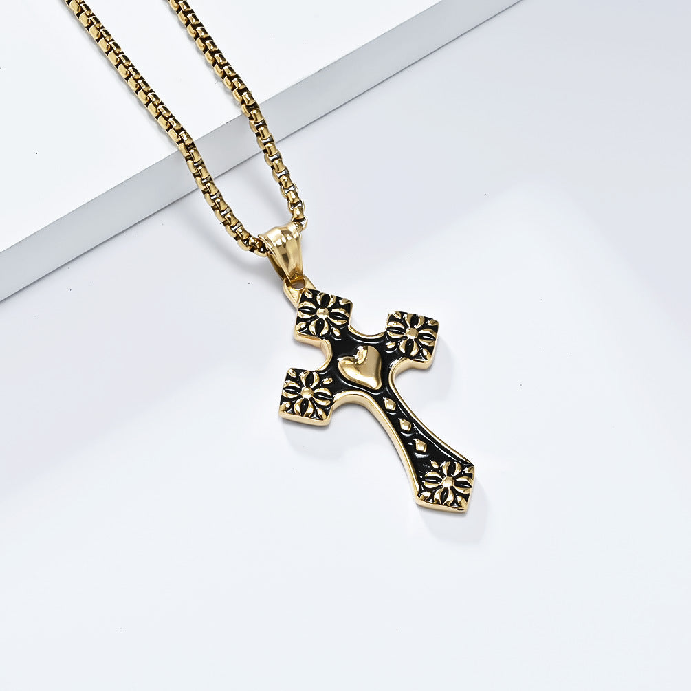 Cross-Border Retro Love-Shaped Cross Necklace Stainless Steel Quality Men's Pendant Wholesale Jewelry