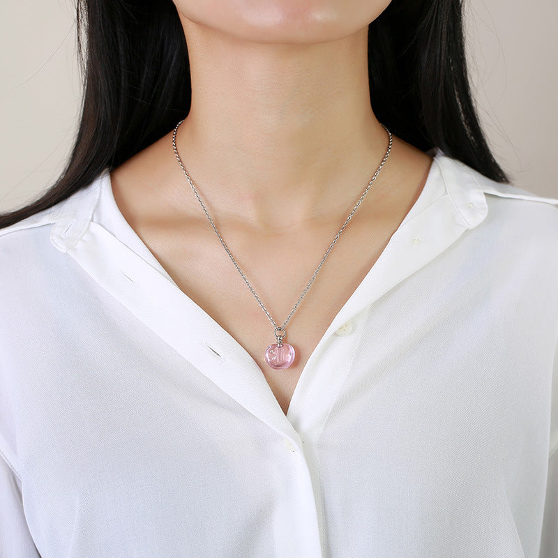 Stainless Steel Green Pink Glass Apple Urn Perfume Pendant Necklace