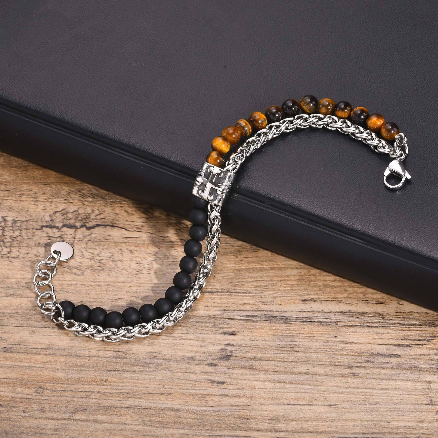 Jewelry Wholesale Stainless Steel Double Tiger's Eye Agate Cross Bracelet
