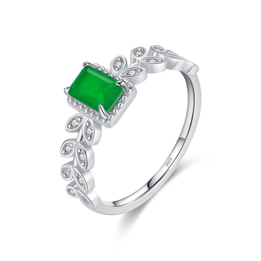 Retro Emerald Cut Green Zircon Leaf Sterling Silver Ring