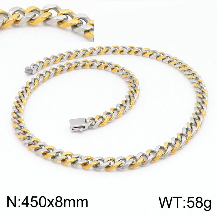 Stainless Steel Cuban Chain Bracelet, Rock Street Men's Vacuum Plated Four-Sided Grinding Square Necklace