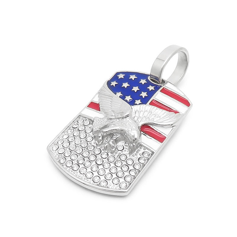 Stainless Steel Men's Eagle Pendant with American Flag and Zircon Accents