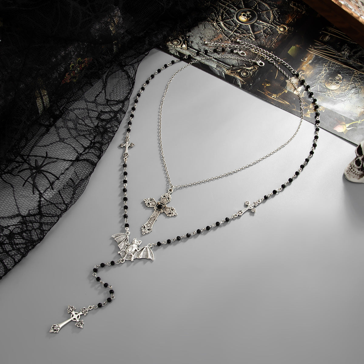 Gothic Bat Cross Crystal-Style Long Necklace