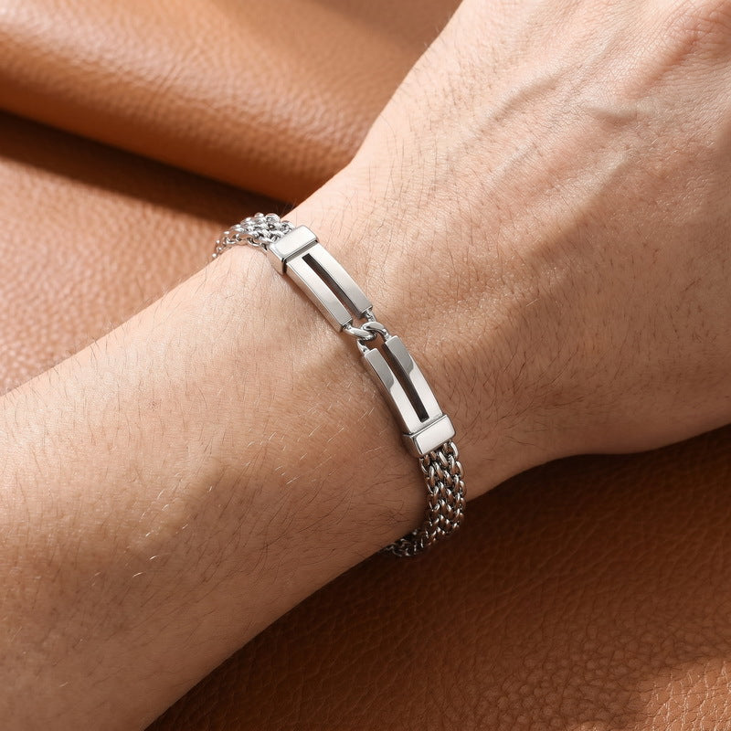 Including Extension Chain – Layered Hollow Curved Bar Mesh Chain Stainless Steel Bracelet